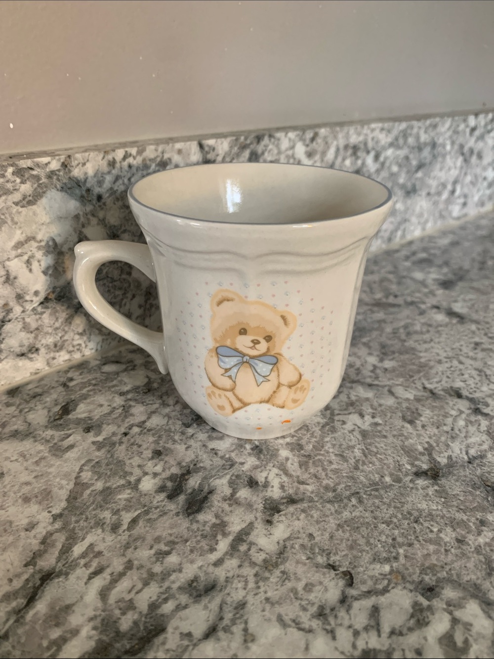 Ceramic Teddy Bear Mug in Cream with Blue Bow Tienshan Stoneware